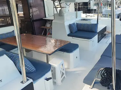 Deck of Reina, a Fountaine Pajot Astrea 42 catamaran at Fethiye, Turkey