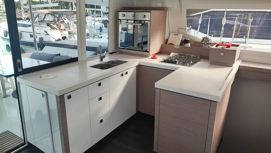 Galley of Reina, a Fountaine Pajot Astrea 42 catamaran at Fethiye, Turkey