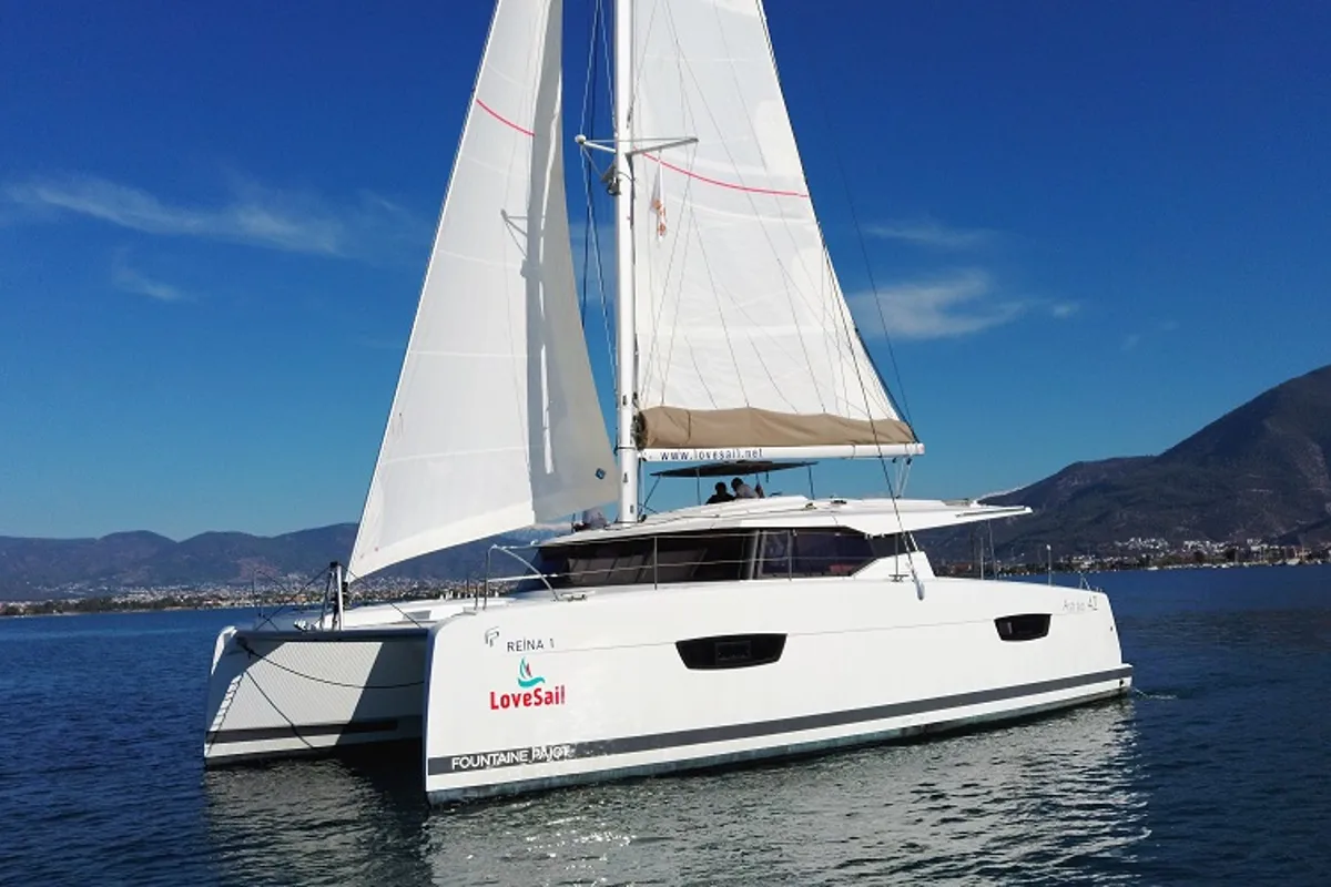 Reina, a Fountaine Pajot Astrea 42 catamaran at Fethiye, Turkey