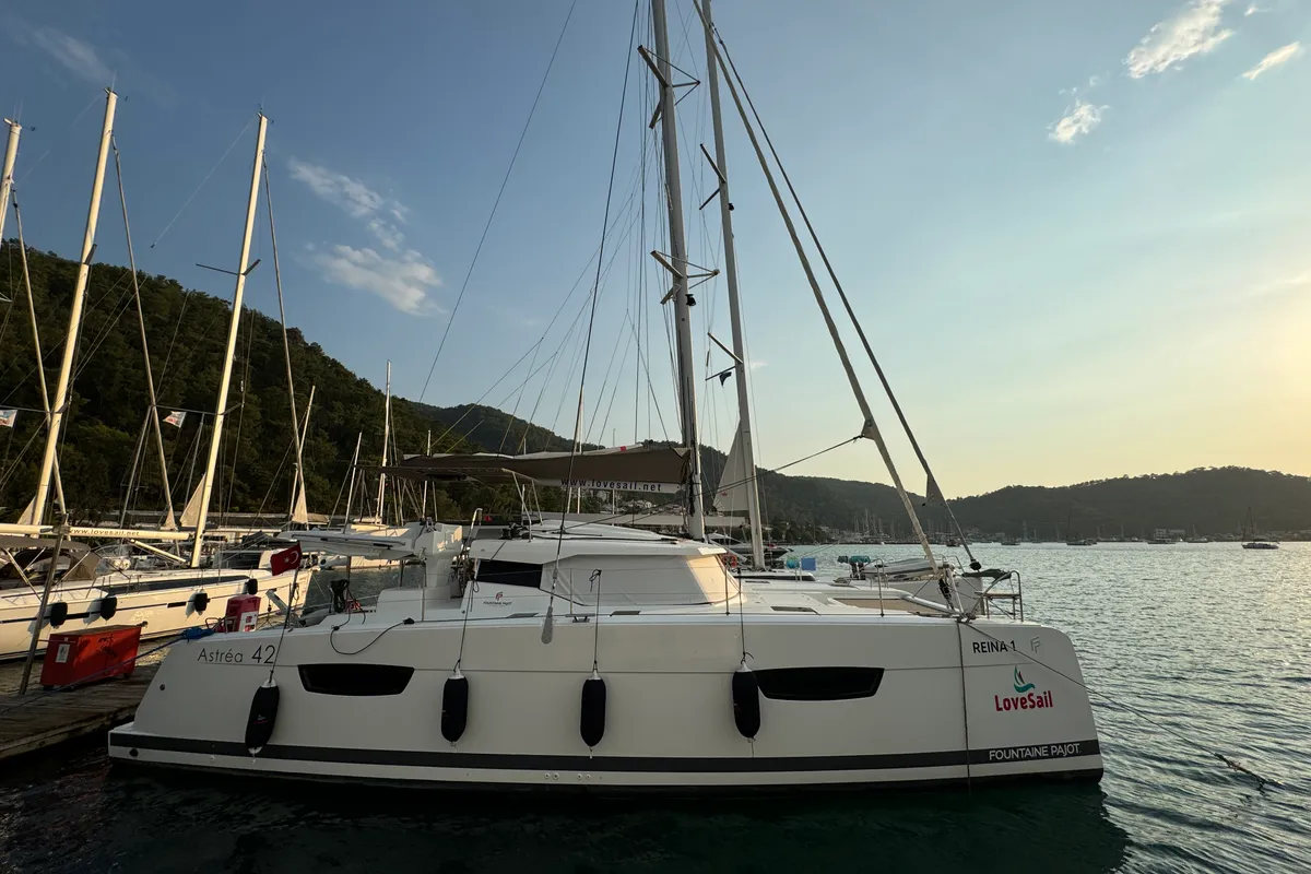 Reina, a Fountaine Pajot Astrea 42 catamaran at Fethiye, Turkey