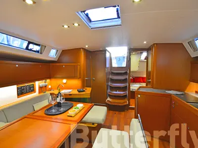 Salon of Butterfly, a Beneteau Oceanis 45 sailboat at Kos, Greece