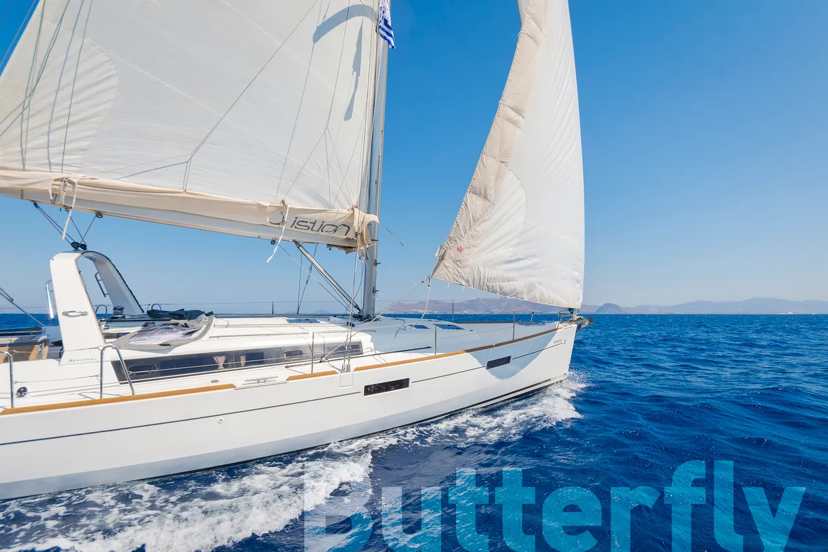 Exterior view of Butterfly, a Beneteau Oceanis 45 sailboat at Kos, Greece