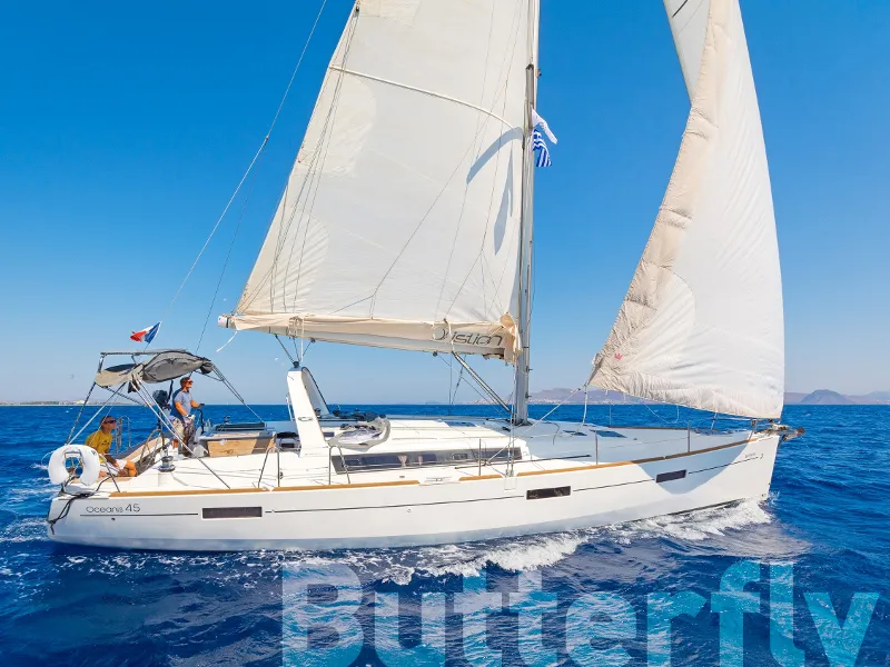 Exterior view of Butterfly, a Beneteau Oceanis 45 sailboat at Kos, Greece