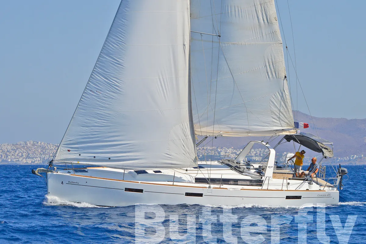 Exterior view of Butterfly, a Beneteau Oceanis 45 sailboat at Kos, Greece