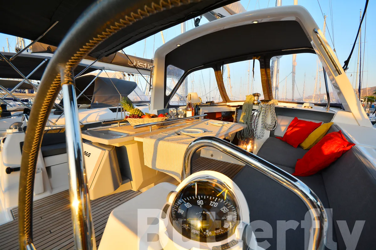 Cockpit of Butterfly, a Beneteau Oceanis 45 sailboat at Kos, Greece