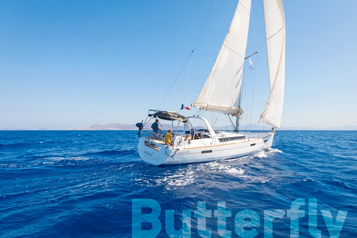 Exterior view of Butterfly, a Beneteau Oceanis 45 sailboat at Kos, Greece