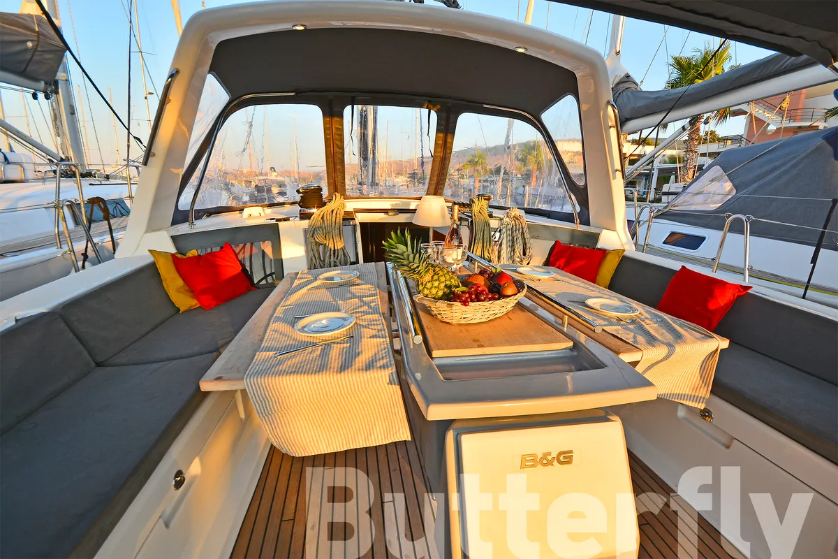 Cockpit of Butterfly, a Beneteau Oceanis 45 sailboat at Kos, Greece