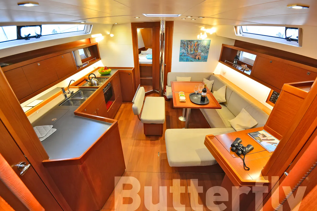 Salon of Butterfly, a Beneteau Oceanis 45 sailboat at Kos, Greece