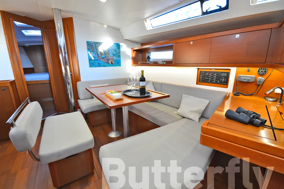 Salon of Butterfly, a Beneteau Oceanis 45 sailboat at Kos, Greece