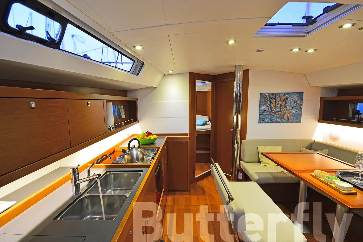 Salon of Butterfly, a Beneteau Oceanis 45 sailboat at Kos, Greece