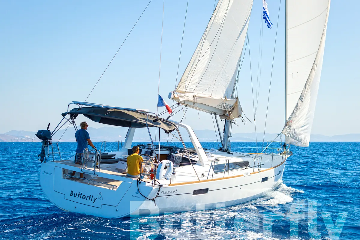 Exterior view of Butterfly, a Beneteau Oceanis 45 sailboat at Kos, Greece