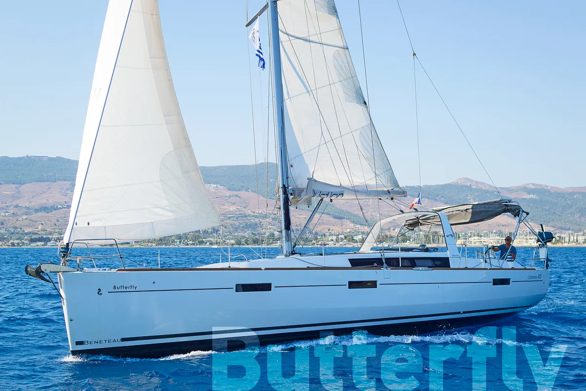 Exterior view of Butterfly, a Beneteau Oceanis 45 sailboat at Kos, Greece