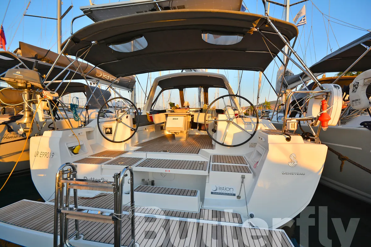 Cockpit of Butterfly, a Beneteau Oceanis 45 sailboat at Kos, Greece