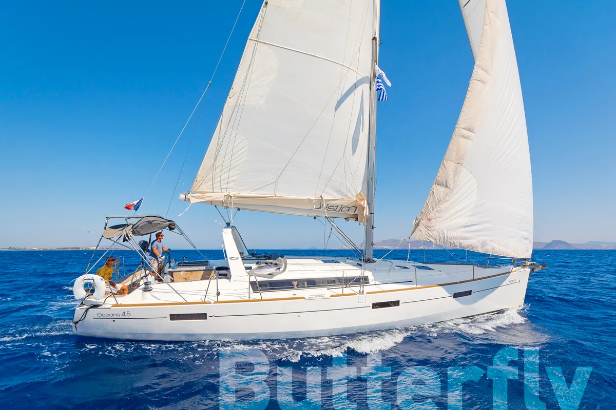 Exterior view of Butterfly, a Beneteau Oceanis 45 sailboat at Kos, Greece