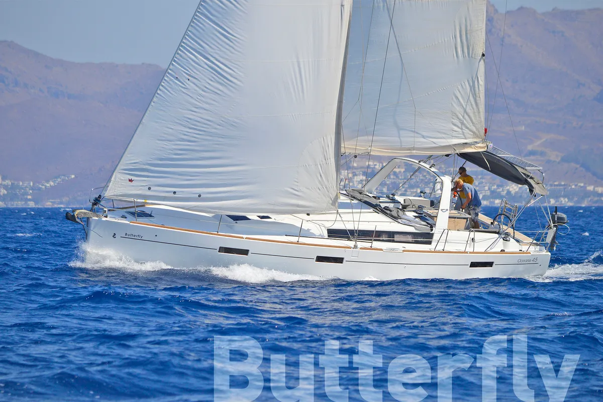 Exterior view of Butterfly, a Beneteau Oceanis 45 sailboat at Kos, Greece