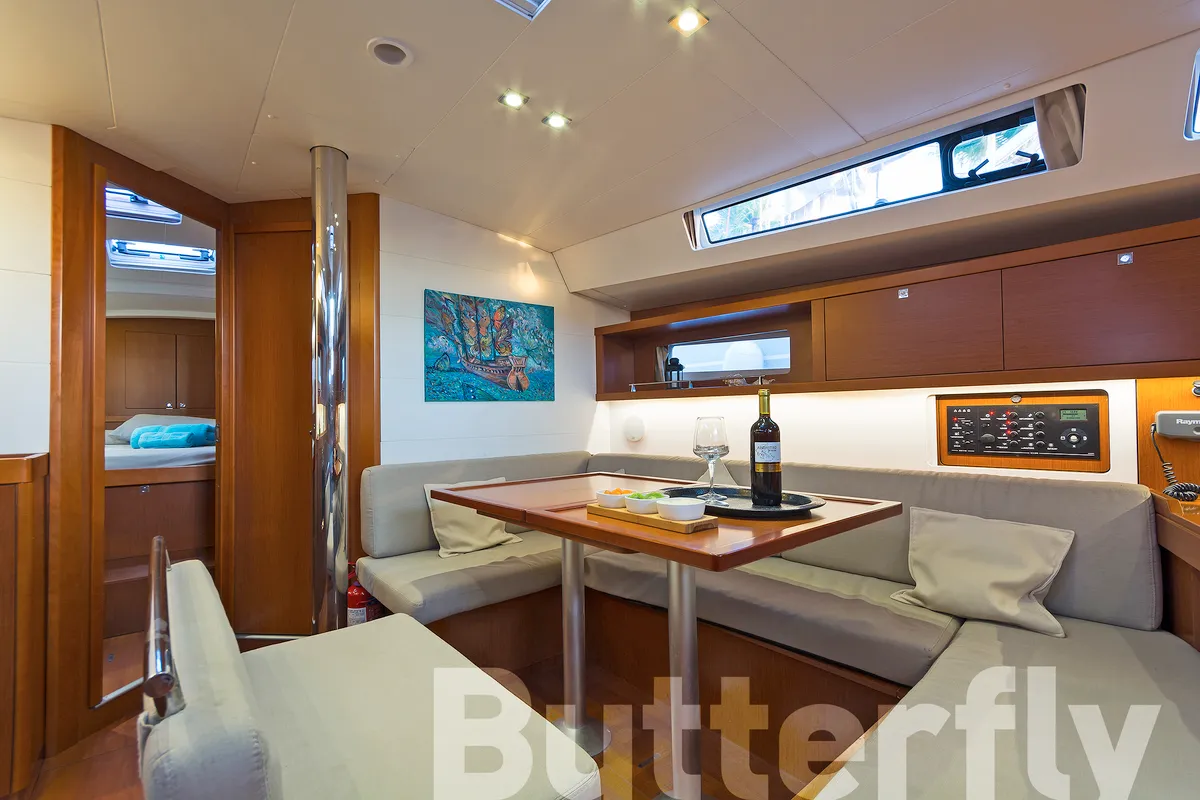 Salon of Butterfly, a Beneteau Oceanis 45 sailboat at Kos, Greece
