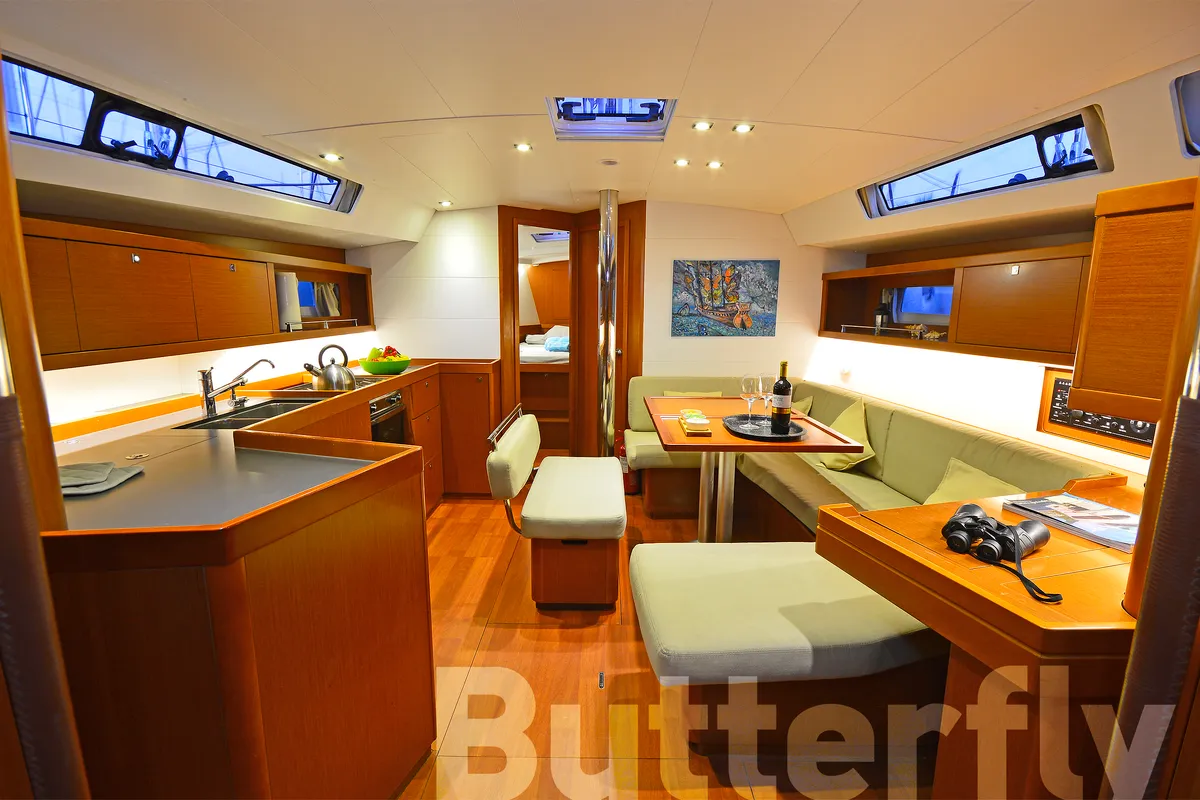 Salon of Butterfly, a Beneteau Oceanis 45 sailboat at Kos, Greece