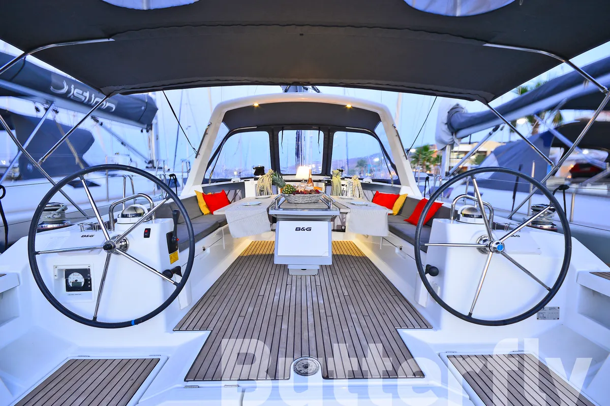 Cockpit of Butterfly, a Beneteau Oceanis 45 sailboat at Kos, Greece