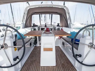 Cockpit of Zografia, a Beneteau Oceanis 38 sailboat at Municipal Unit of Lefkada, Greece
