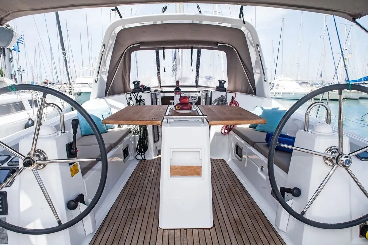 Cockpit of Zografia, a Beneteau Oceanis 38 sailboat at Municipal Unit of Lefkada, Greece