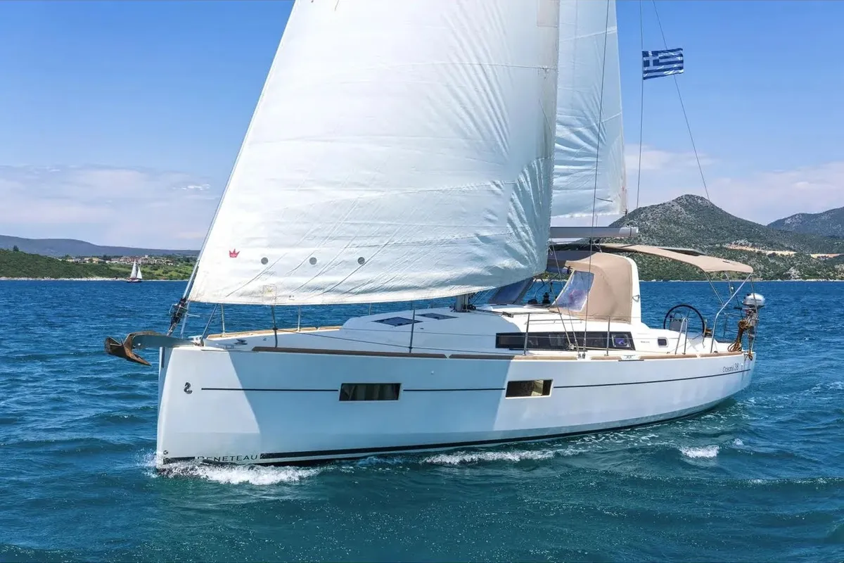 Exterior view of Zografia, a Beneteau Oceanis 38 sailboat at Municipal Unit of Lefkada, Greece