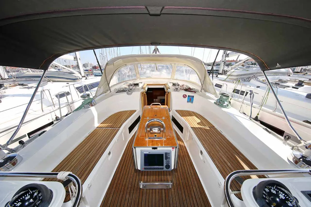 Deck of Julia III, a Bavaria Cruiser 45 sailboat at Grad Biograd na Moru, Croatia