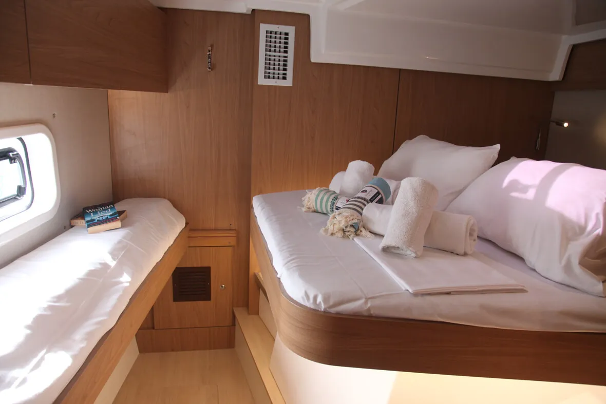 Cabin on Metal Blue, a Bali Catspace catamaran at Benitses, Greece