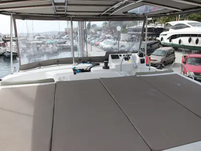 Cockpit of Metal Blue, a Bali Catspace catamaran at Benitses, Greece