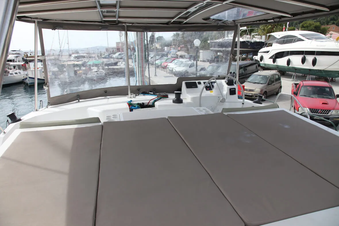 Cockpit of Metal Blue, a Bali Catspace catamaran at Benitses, Greece
