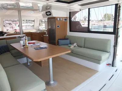 Salon of Metal Blue, a Bali Catspace catamaran at Benitses, Greece