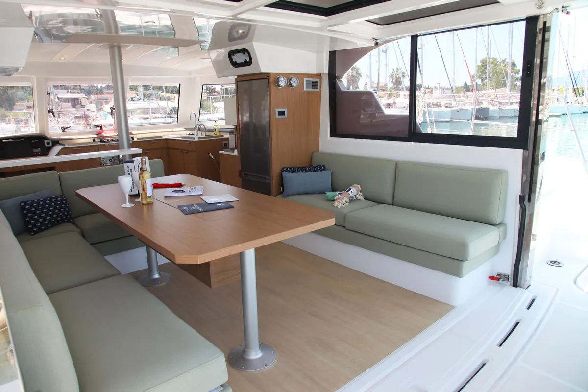 Salon of Metal Blue, a Bali Catspace catamaran at Benitses, Greece