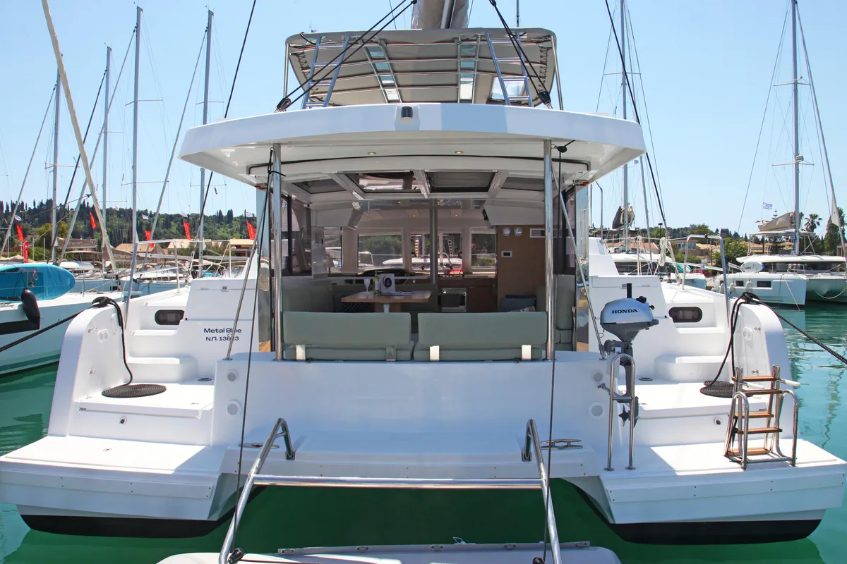Deck of Metal Blue, a Bali Catspace catamaran at Benitses, Greece