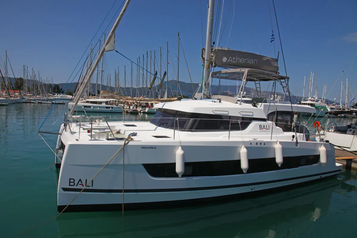 Exterior view of Metal Blue, a Bali Catspace catamaran at Benitses, Greece