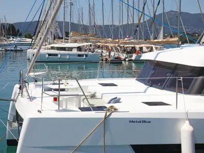 Deck of Metal Blue, a Bali Catspace catamaran at Benitses, Greece