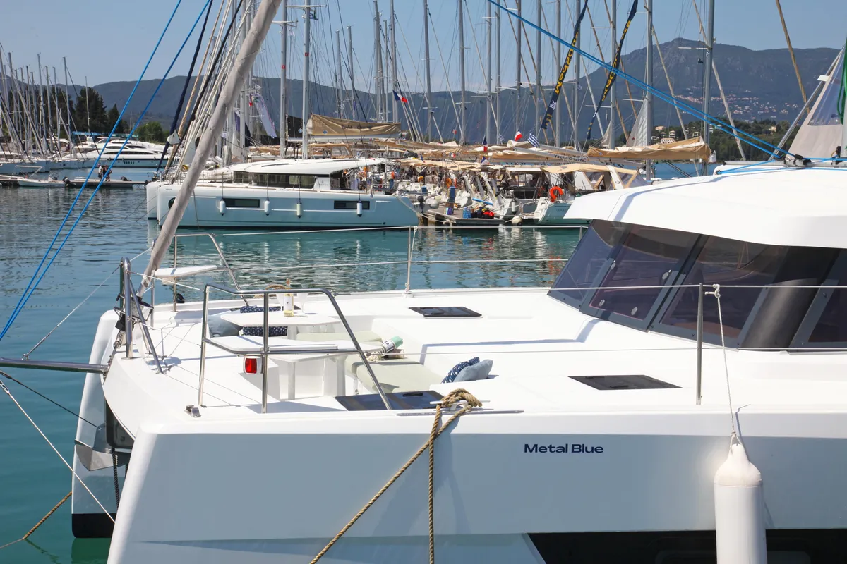 Deck of Metal Blue, a Bali Catspace catamaran at Benitses, Greece