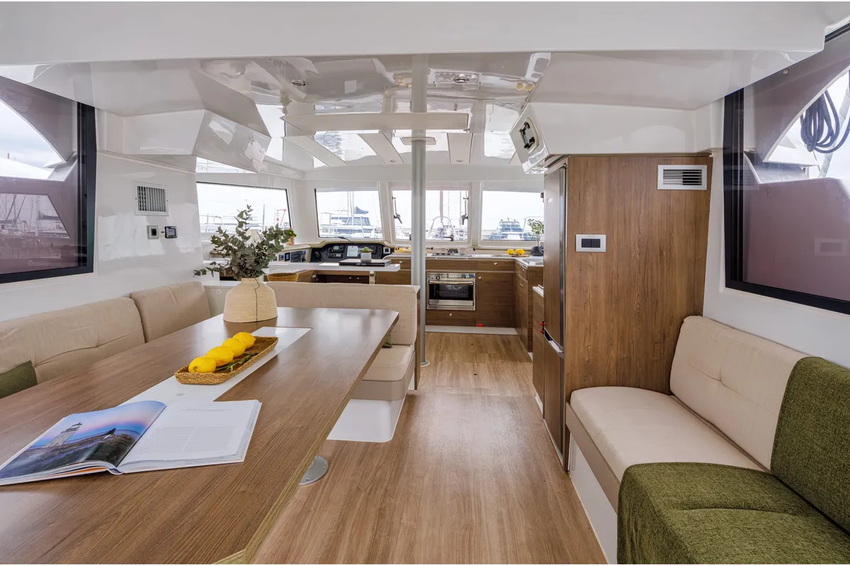 Salon of Metal Blue, a Bali Catspace catamaran at Benitses, Greece