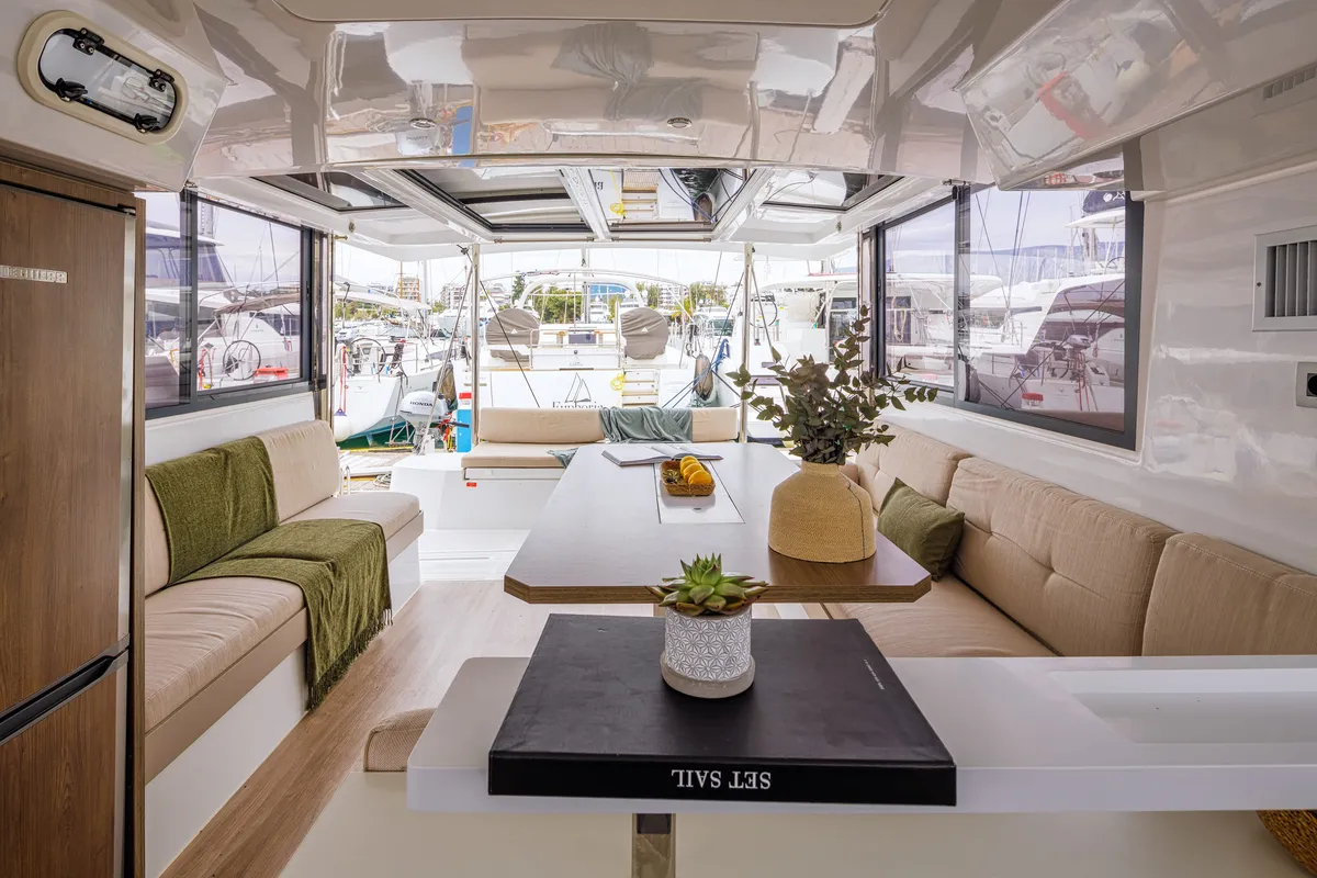 Salon of Metal Blue, a Bali Catspace catamaran at Benitses, Greece