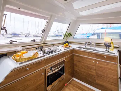 Galley of Metal Blue, a Bali Catspace catamaran at Benitses, Greece
