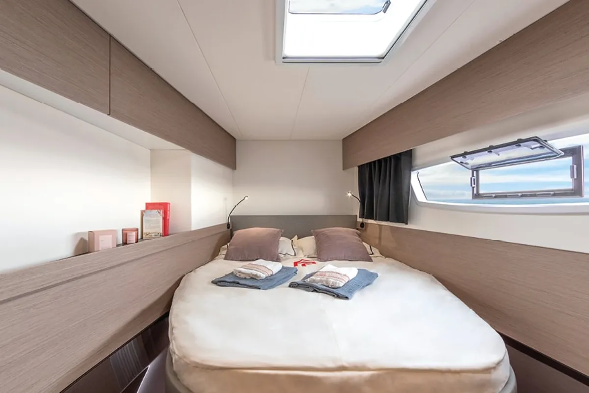 Cabin on Alternate Current, a Fountaine Pajot Elba 45 catamaran at Road Town, British Virgin Islands