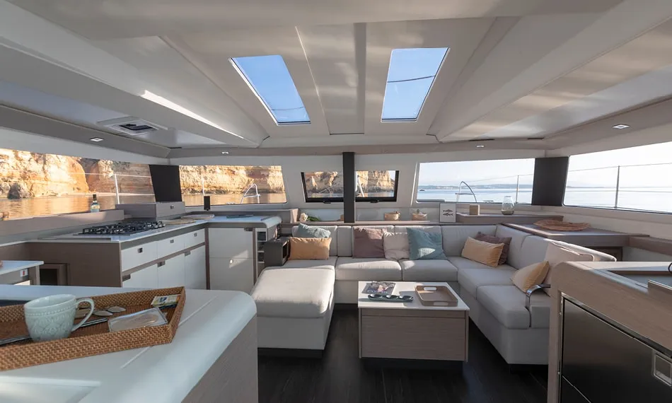 Salon of Alternate Current, a Fountaine Pajot Elba 45 catamaran at Road Town, British Virgin Islands