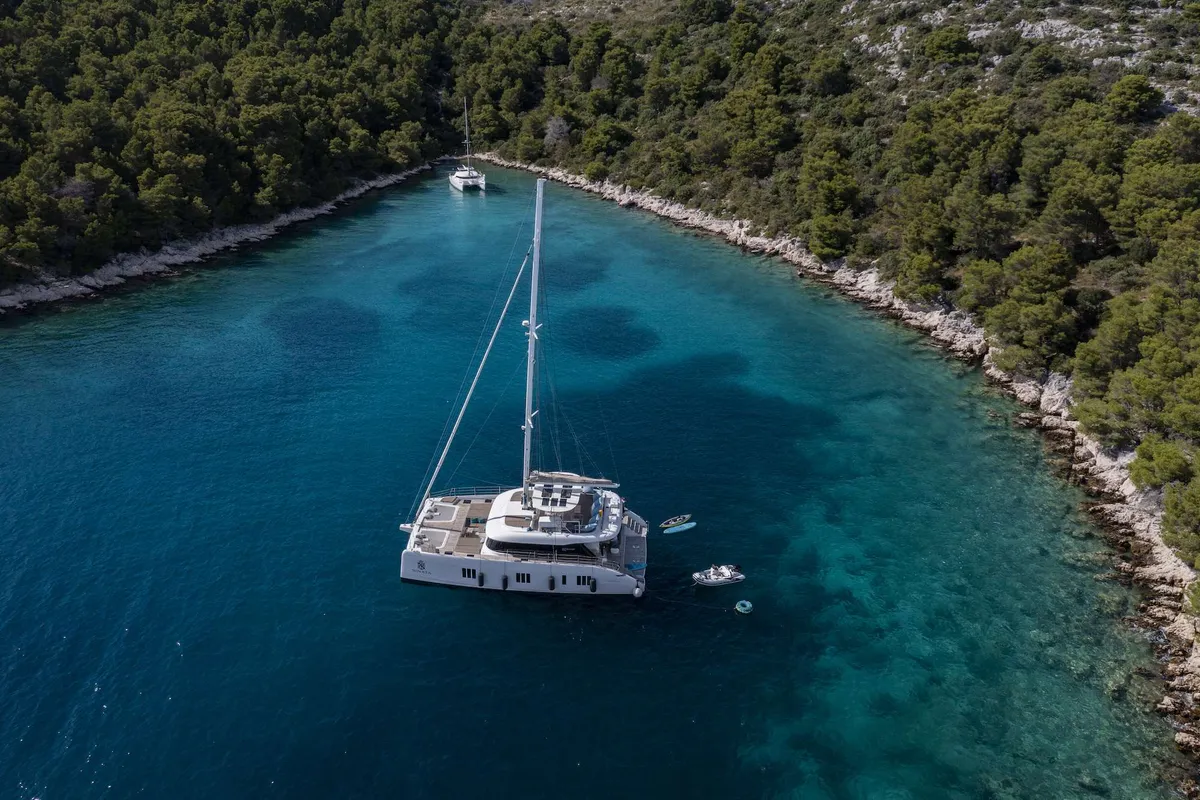 Exterior view of Sinata, a Sunreef 60 catamaran at Rogoznica, Croatia