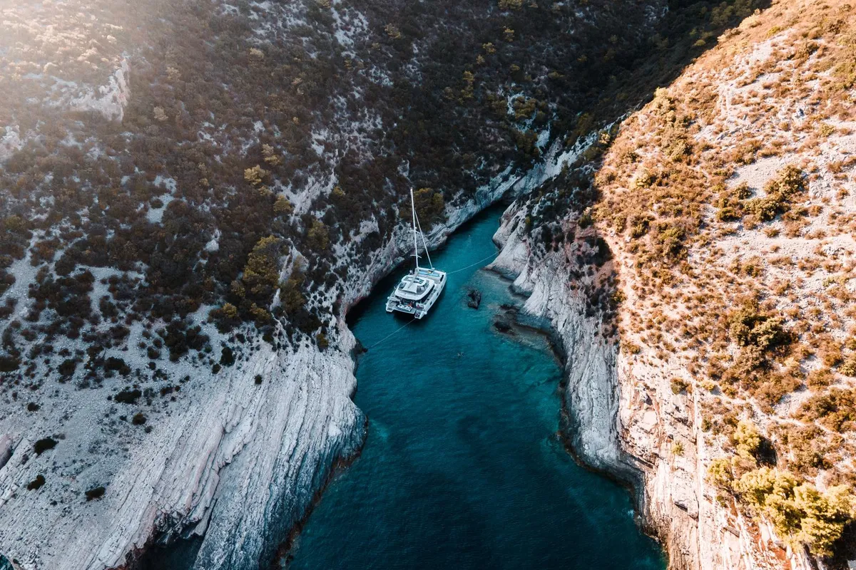 Exterior view of Sinata, a Sunreef 60 catamaran at Rogoznica, Croatia
