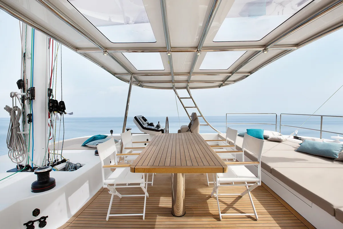 Deck of Sinata, a Sunreef 60 catamaran at Rogoznica, Croatia