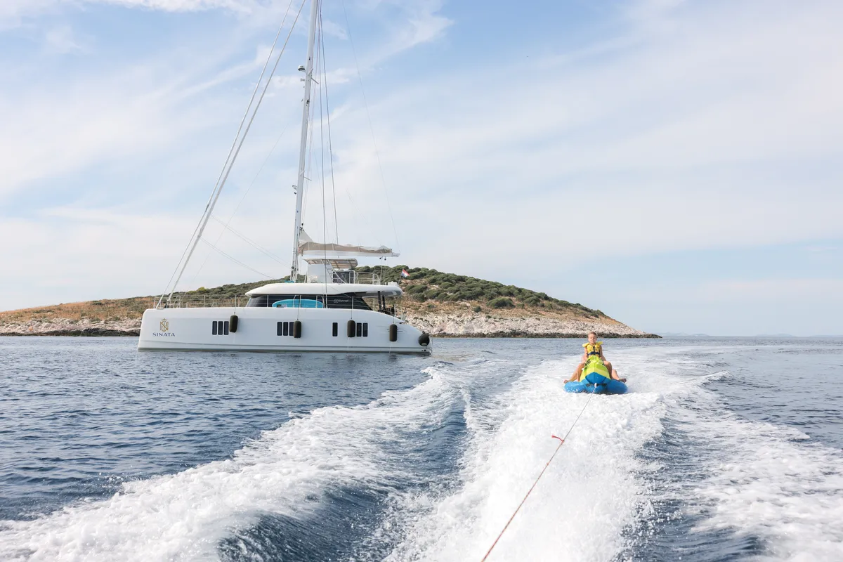 Exterior view of Sinata, a Sunreef 60 catamaran at Rogoznica, Croatia