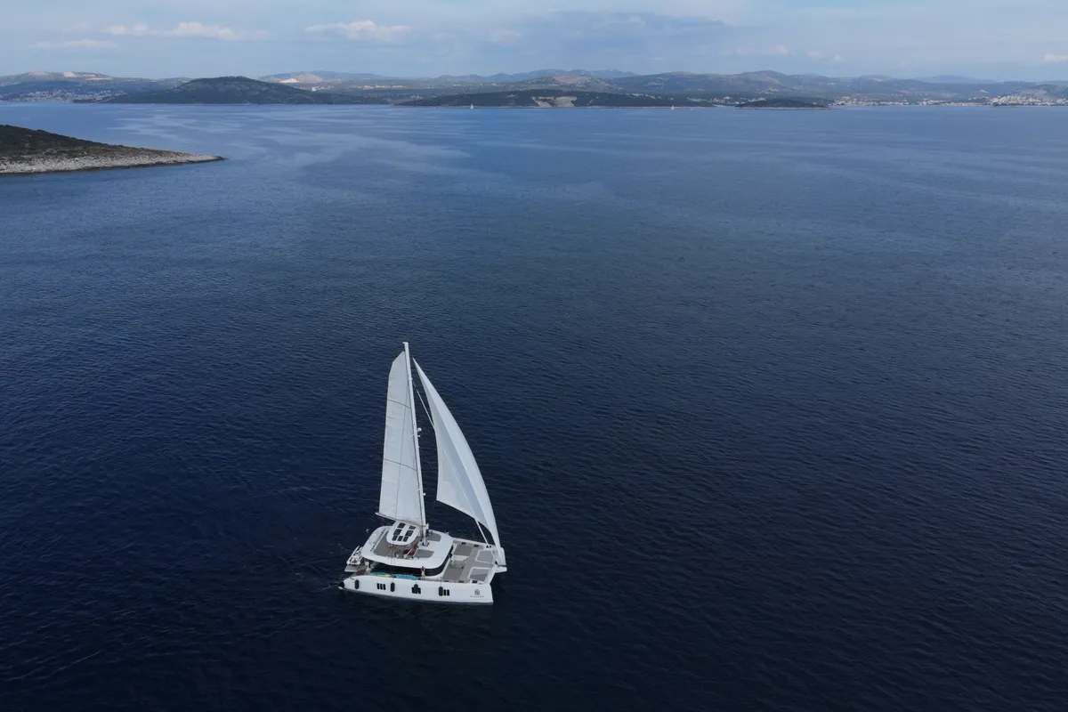 Exterior view of Sinata, a Sunreef 60 catamaran at Rogoznica, Croatia