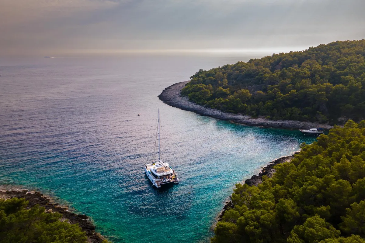 Exterior view of Sinata, a Sunreef 60 catamaran at Rogoznica, Croatia