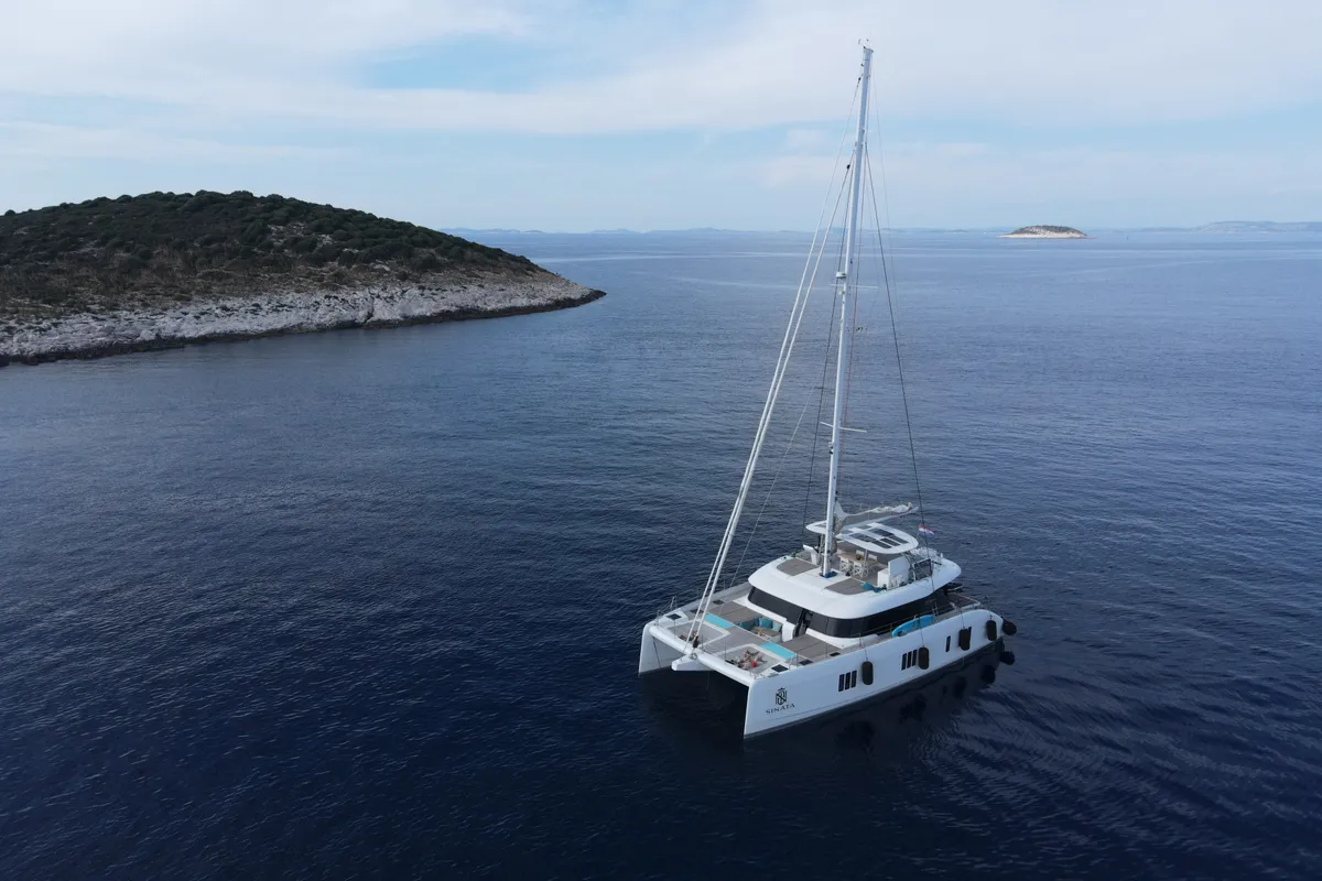 Exterior view of Sinata, a Sunreef 60 catamaran at Rogoznica, Croatia