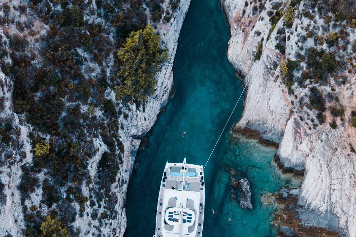 Exterior view of Sinata, a Sunreef 60 catamaran at Rogoznica, Croatia