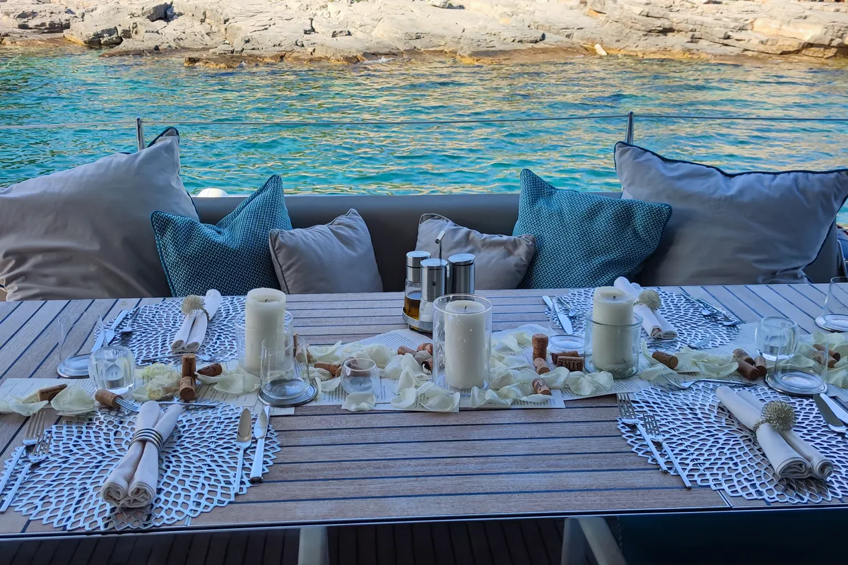 Deck of Sinata, a Sunreef 60 catamaran at Rogoznica, Croatia