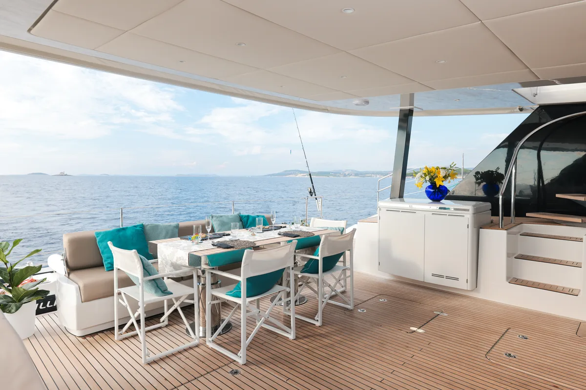Deck of Sinata, a Sunreef 60 catamaran at Rogoznica, Croatia